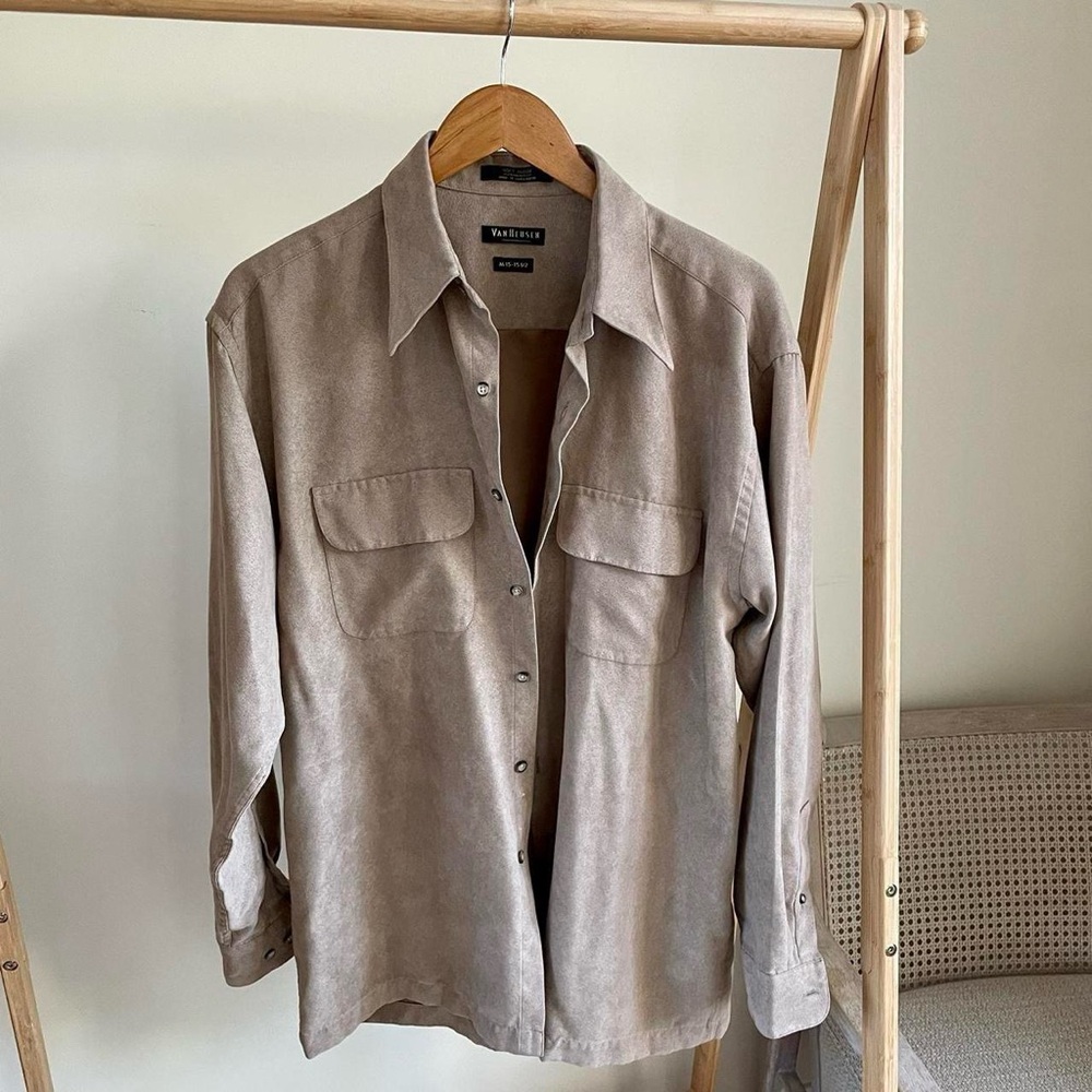 Vintage Faux Suede Button Up Collared Shirt Jacket in Sand - Picture 2 of 4